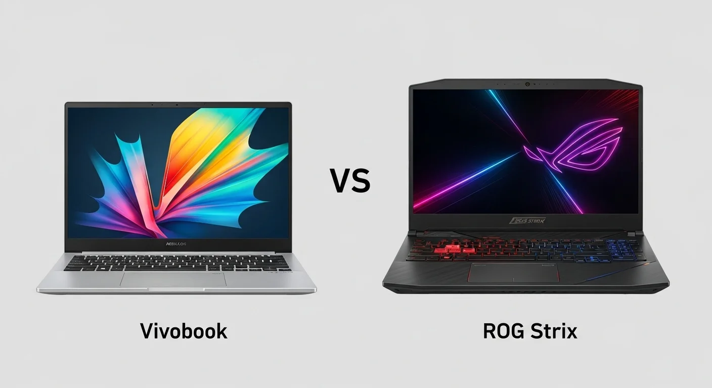 Comparativa de computadoras Asus 17 pulgadas, mostrando un modelo Vivobook junto a un modelo ROG Strix, destacando sus diferencias de diseño.