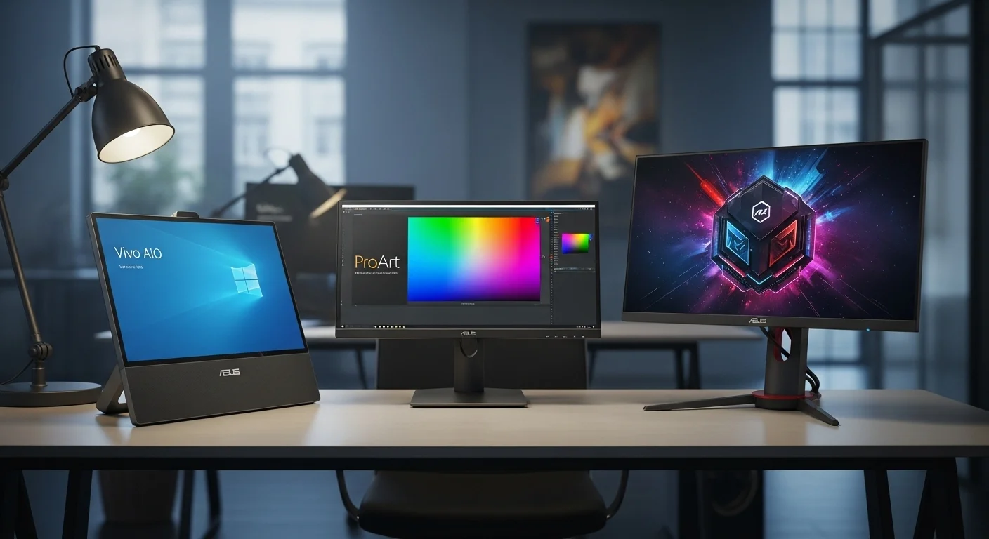 Composición de equipos Asus 24, mostrando una computadora todo en uno Asus Vivo AiO, un monitor ProArt y un monitor gaming sobre un escritorio moderno.