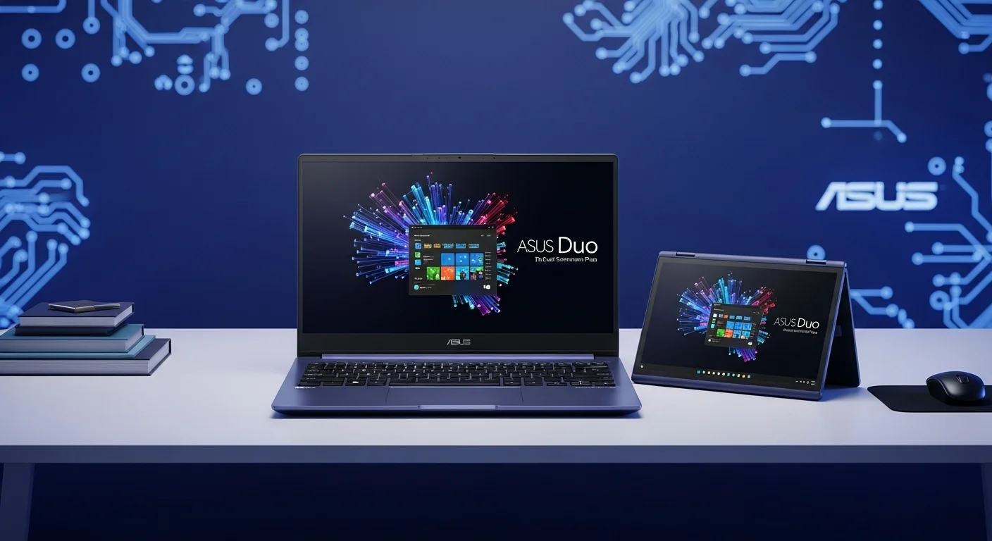 Una computadora portátil Asus Duo mostrando sus dos pantallas, una principal y la ScreenPad Plus, en un escritorio moderno de tecnología