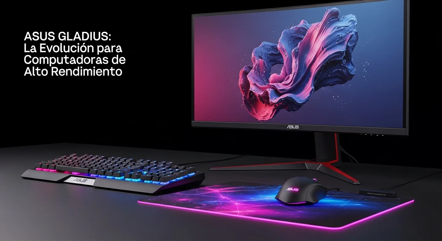 Ratón Asus Gladius 3 sobre un mousepad iluminado, junto a un teclado y monitor de computadoras gaming