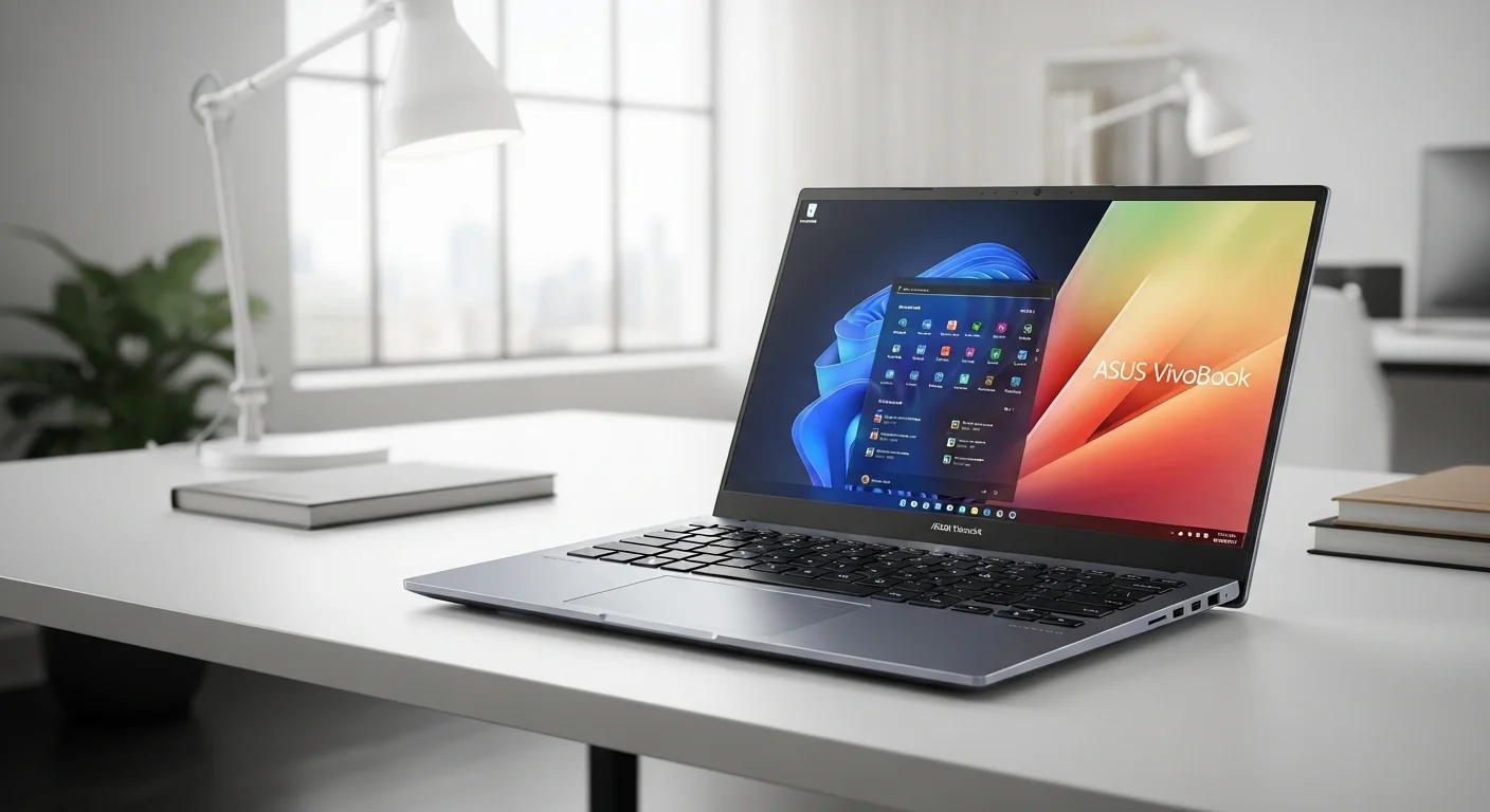 Una laptop Asus I7 de la serie Vivobook abierta en un escritorio moderno, mostrando su pantalla brillante y teclado ergonómico, representando a las computadoras de alto rendimiento.