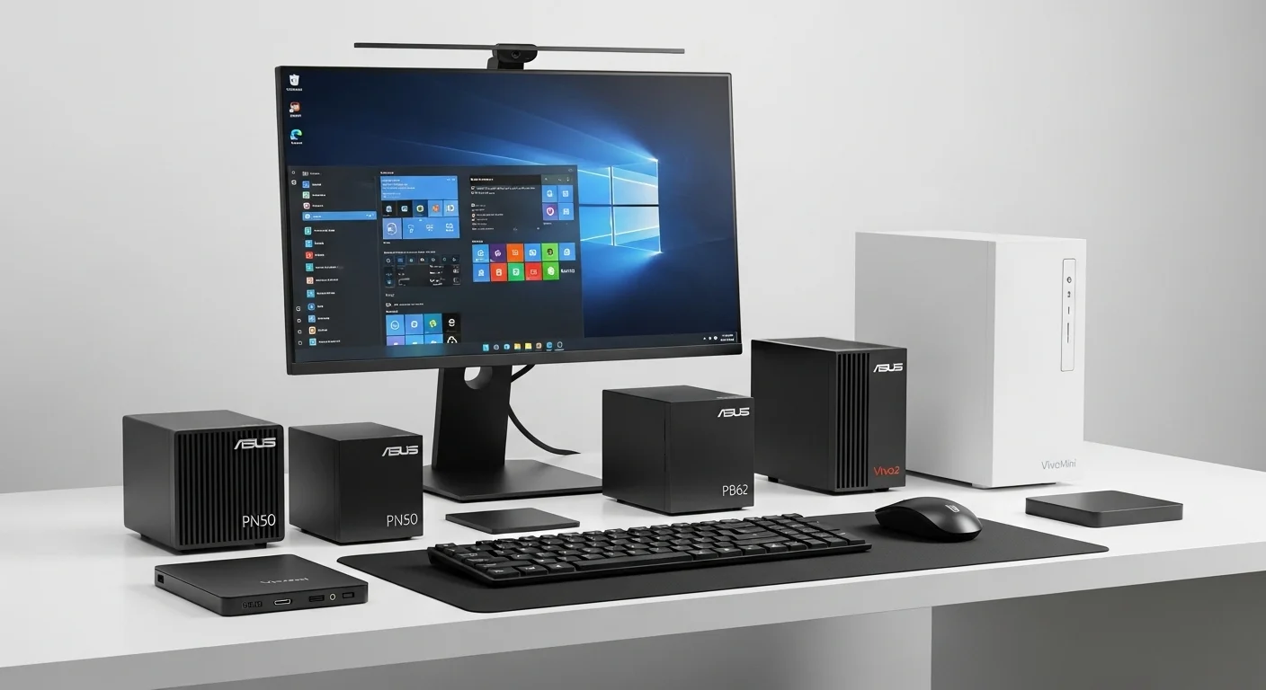 Una composición de varios modelos de computadoras Asus Mini PC, incluyendo un PN50, un PB62 y un VivoMini, sobre un escritorio moderno junto a un monitor y accesorios tecnológicos.