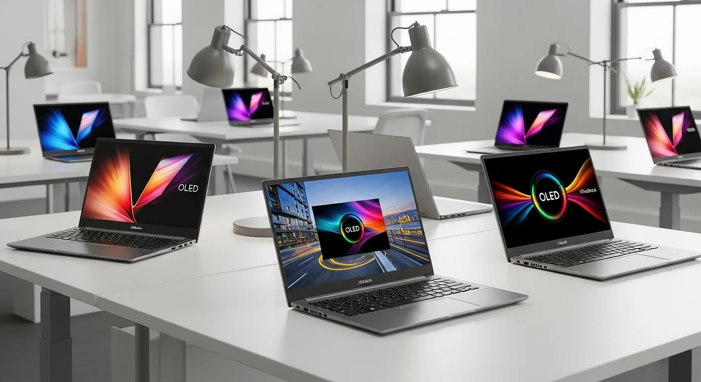 Una composición de varias computadoras portátiles Asus Oled de la serie Vivobook, mostrando sus vibrantes pantallas en un entorno de oficina moderno y luminoso.