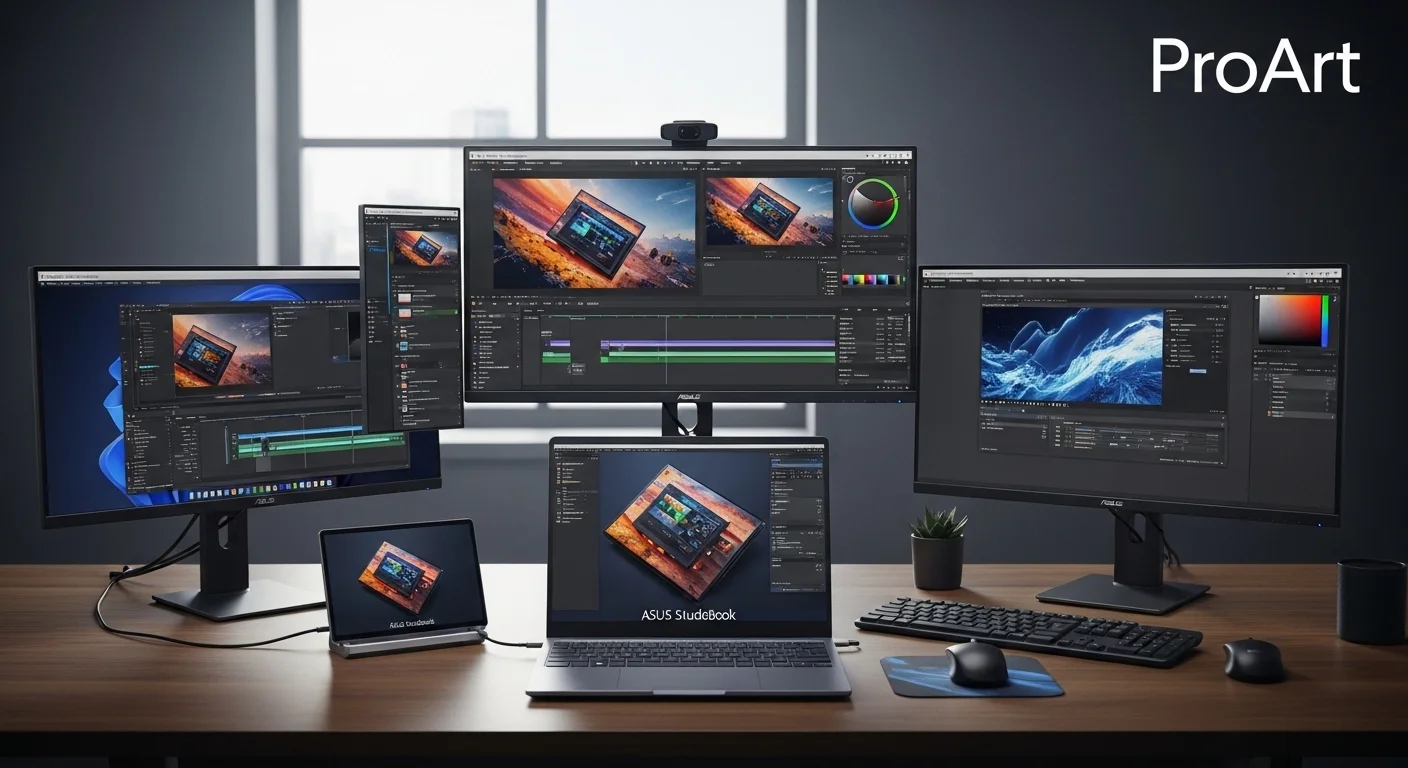 Un ecosistema de computadoras y monitores Asus Proart en un escritorio profesional, mostrando un laptop Studiobook junto a varios monitores de la serie.