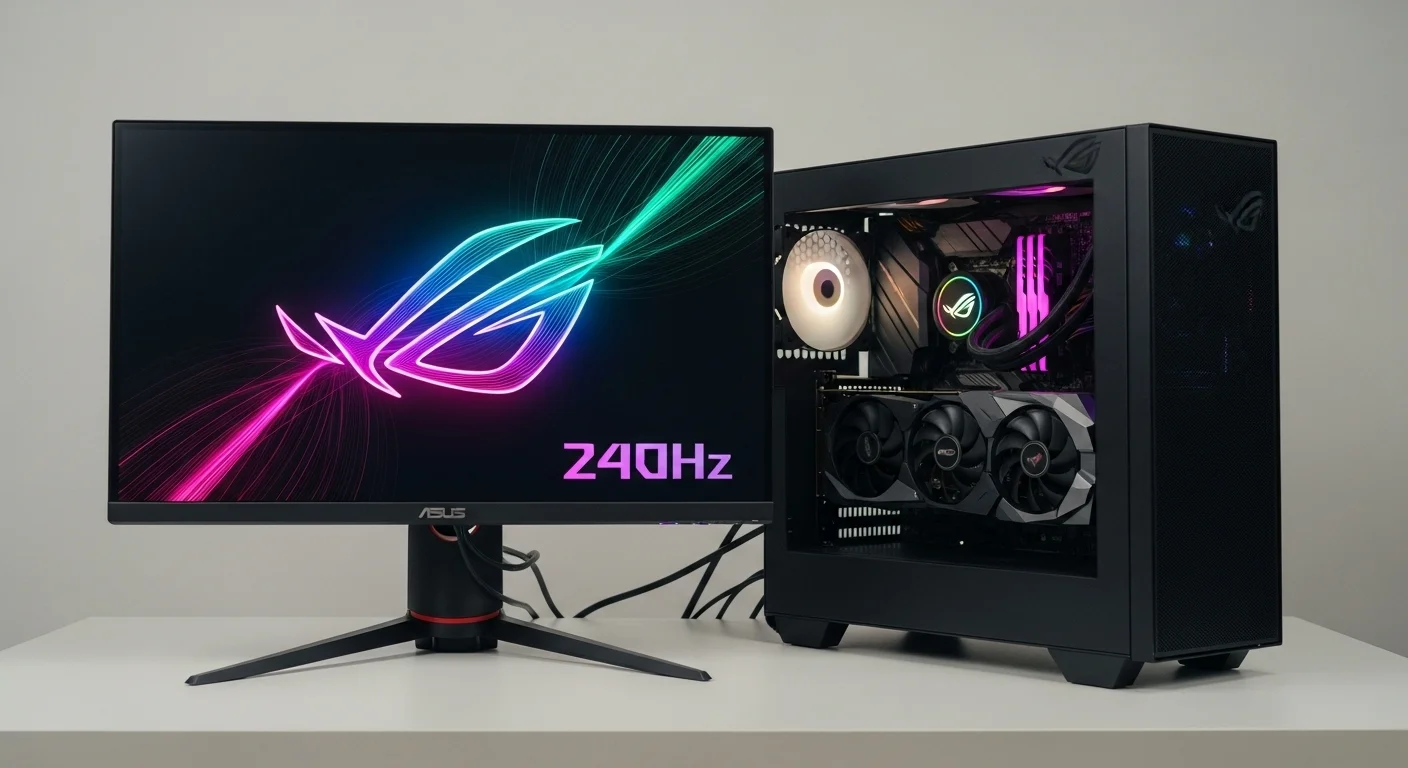 Monitor Asus ROG 240Hz iluminado con luces RGB junto a una computadora gaming de alto rendimiento.