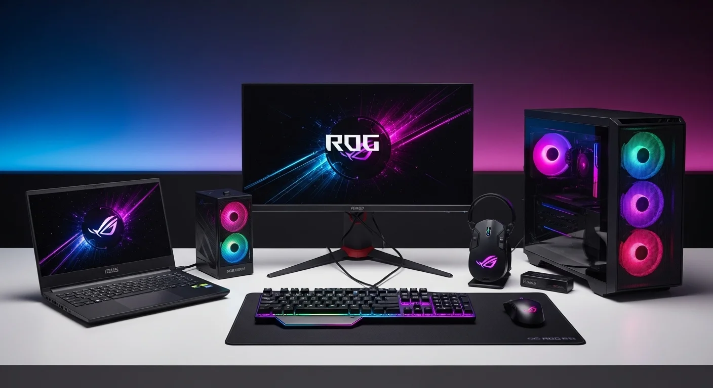 Ecosistema de computadoras y accesorios Asus ROG, incluyendo un portátil, un monitor y periféricos iluminados con RGB sobre un escritorio tecnológico