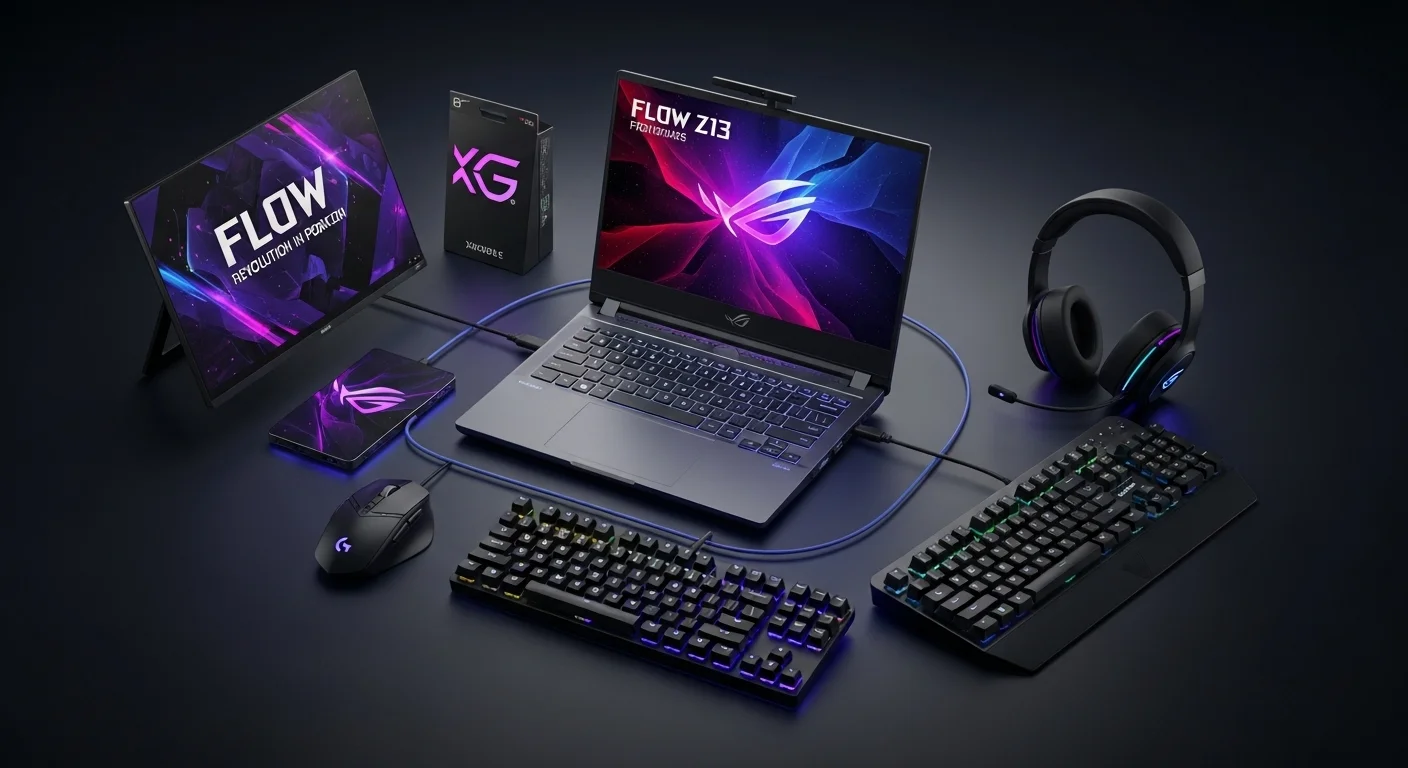Un ecosistema de computadoras Flow con una Asus ROG Flow Z13 en el centro, conectada a la XG Mobile y rodeada de periféricos Logitech.