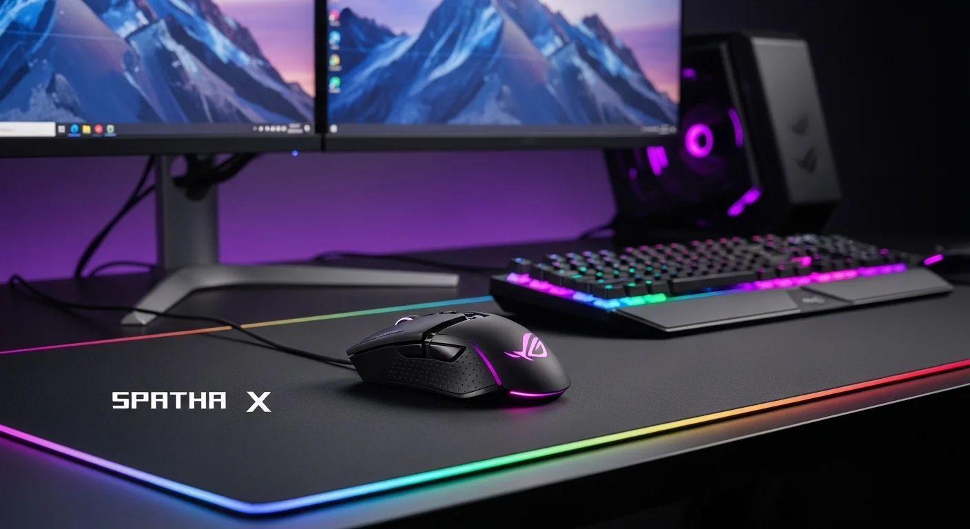 Ratón ASUS ROG Spatha X sobre un escritorio gaming iluminado con RGB, junto a un teclado y monitor de computadora