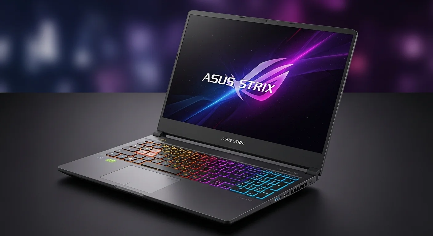 Una laptop de la serie Asus Strix mostrando su teclado con iluminación RGB y un diseño enfocado en computadoras de alto rendimiento para gaming