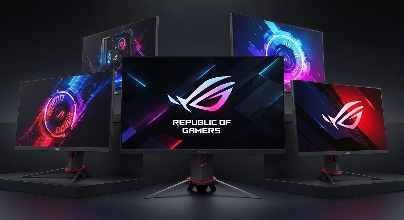 Una composición de varios monitores de la serie Asus ROG Swift, mostrando sus diseños para gaming y el logo de Republic of Gamers, representando la tecnología de computadoras de alto rendimiento.