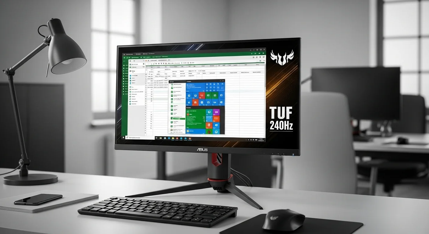 Setup de oficina con un monitor Asus TUF 240Hz mostrando una hoja de cálculo, destacando su uso profesional en computadoras.