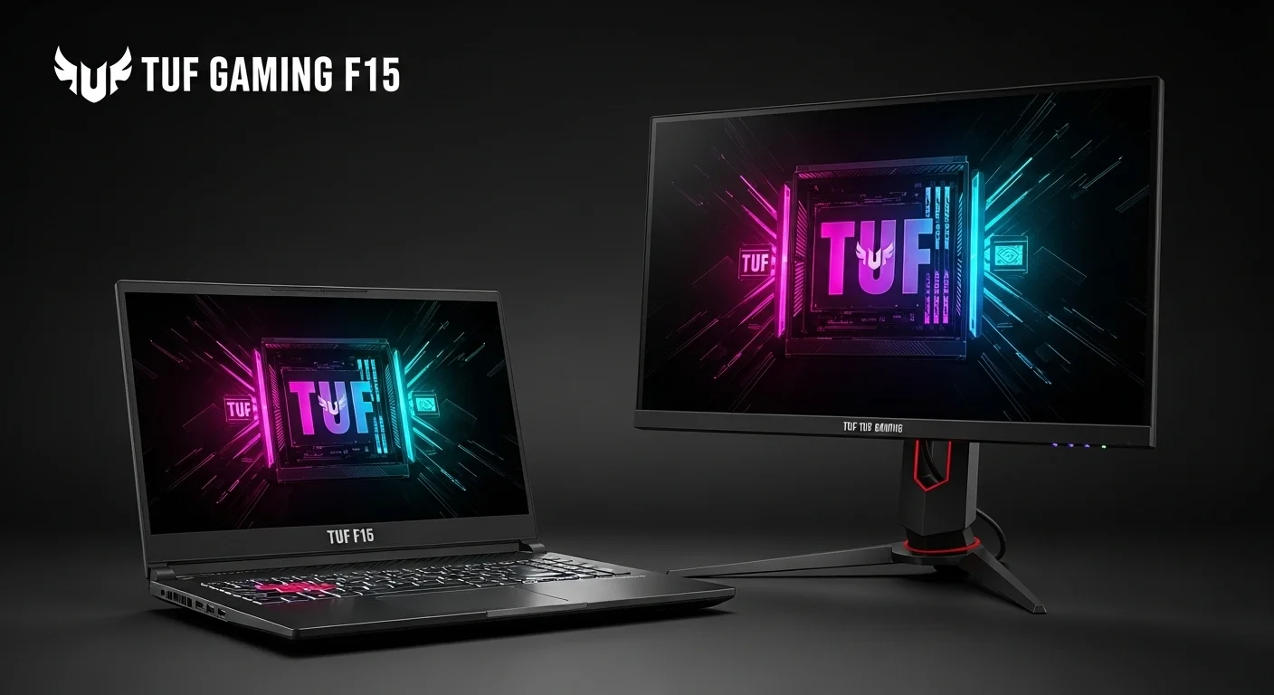 Una composición de una laptop Asus TUF F15 junto a un monitor Asus TUF Gaming VG27AQ1A, iluminados con RGB, representando el ecosistema de computadoras y tecnología TUF.