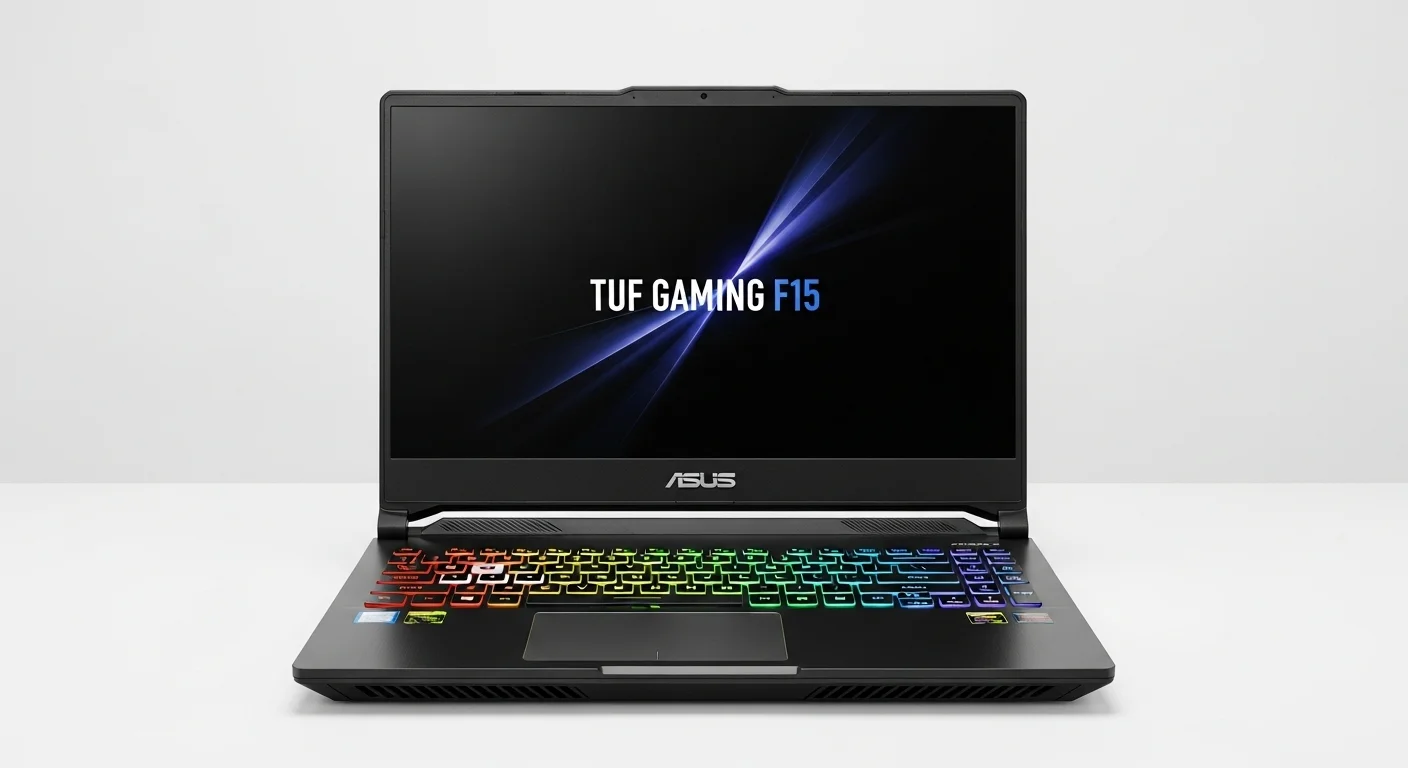 Vista frontal de una computadora portátil Asus Tuf Gaming F15 con el teclado RGB iluminado, mostrando su robusto diseño tecnológico.