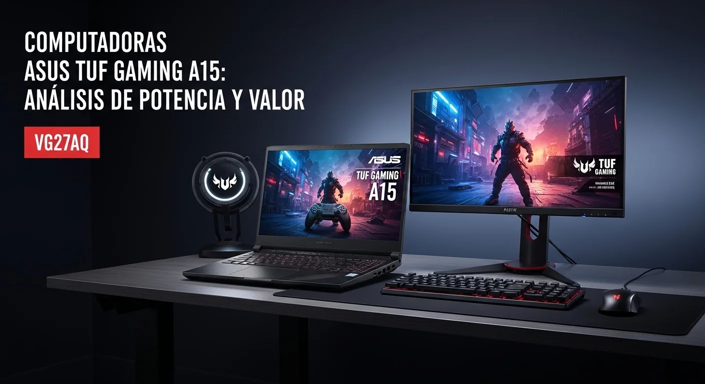 Laptop Asus TUF Gaming A15 junto al monitor VG27AQ, mostrando un setup de computadoras para gamers en un escritorio moderno.