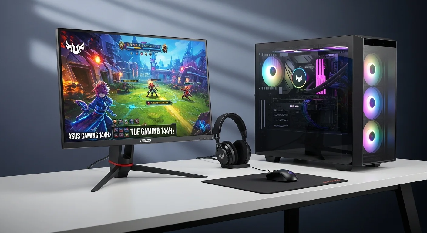 Monitor Asus TUF Gaming 144hz en un escritorio moderno con una computadora potente, mostrando una escena de un videojuego vibrante.