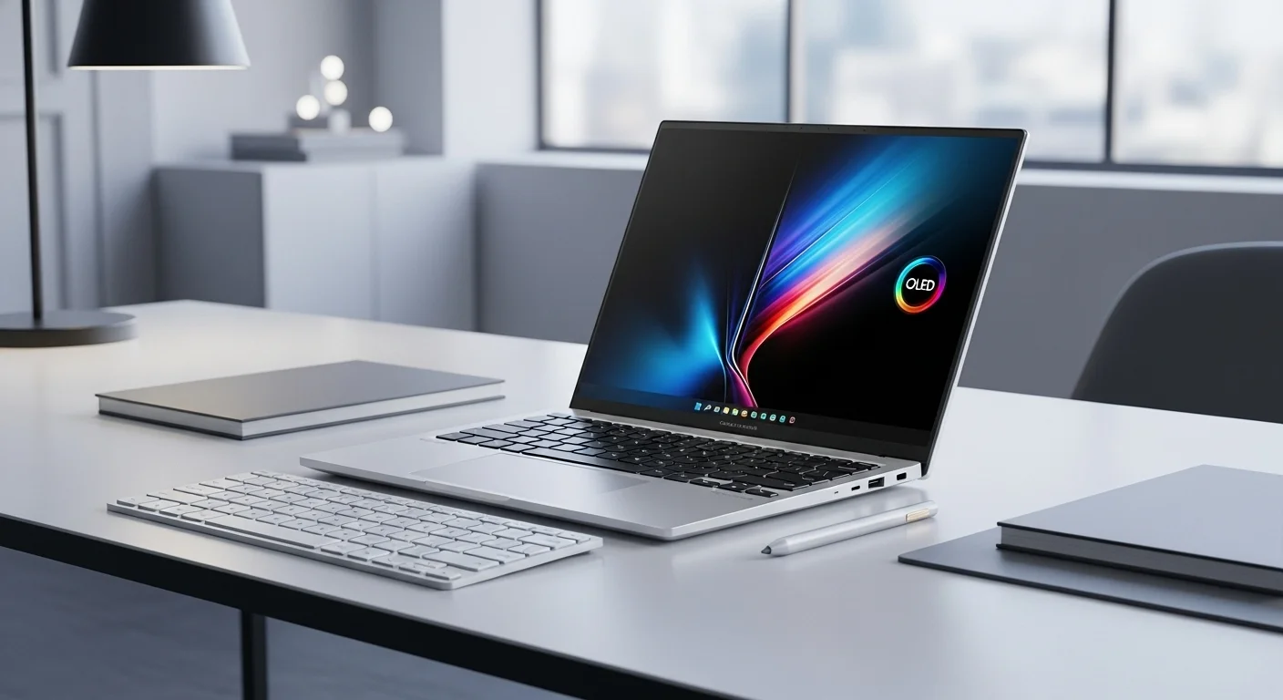 Computadoras tipo Slate: el Asus Vivobook 13 Slate OLED en un escritorio moderno junto a sus accesorios como el teclado y el lápiz óptico.