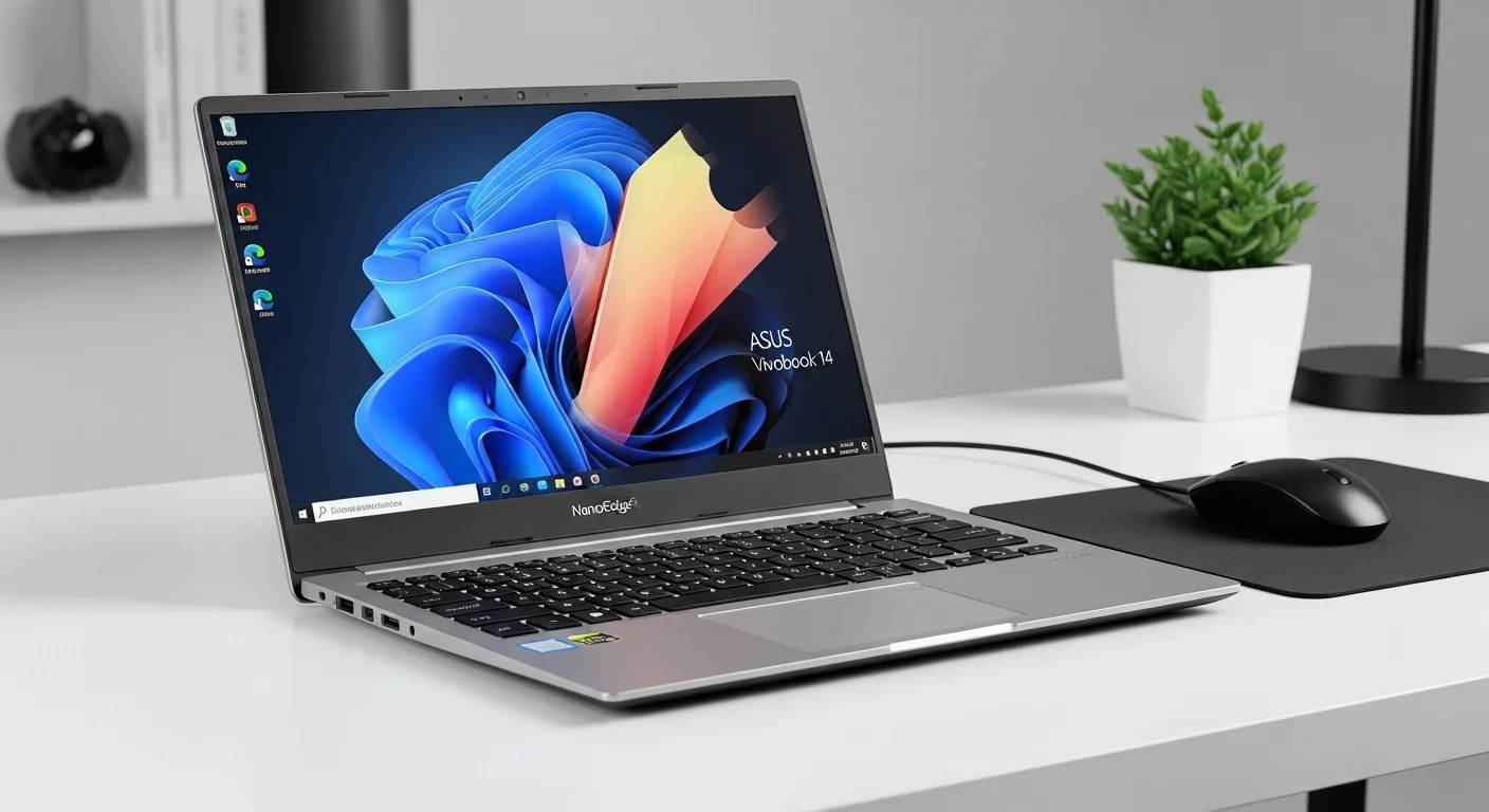 Una laptop ASUS Vivobook 14 abierta sobre un escritorio moderno, mostrando su teclado retroiluminado y su pantalla NanoEdge, representando el concepto de computadoras modernas.
