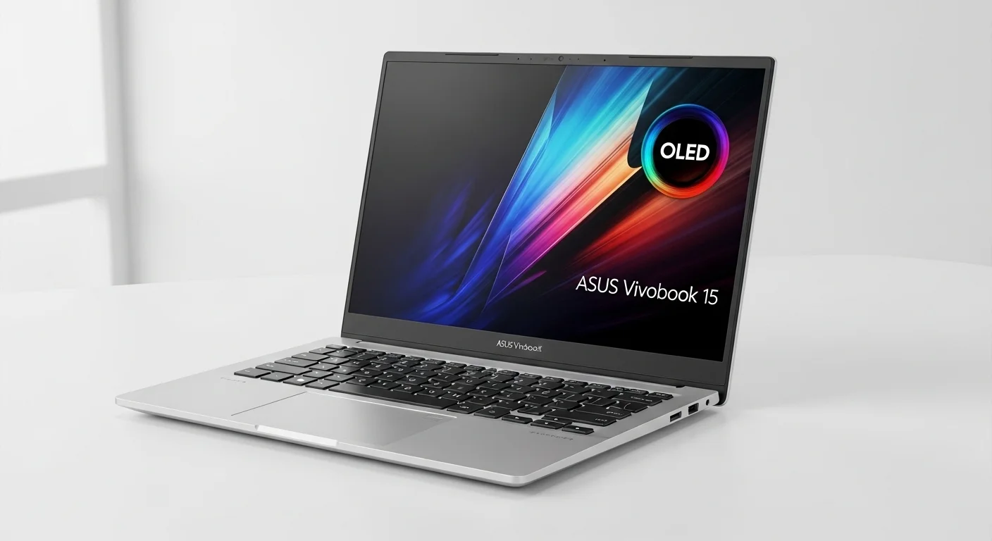 Una laptop ASUS Vivobook 15 con pantalla OLED mostrando colores vibrantes, representando la tecnología avanzada en computadoras modernas.