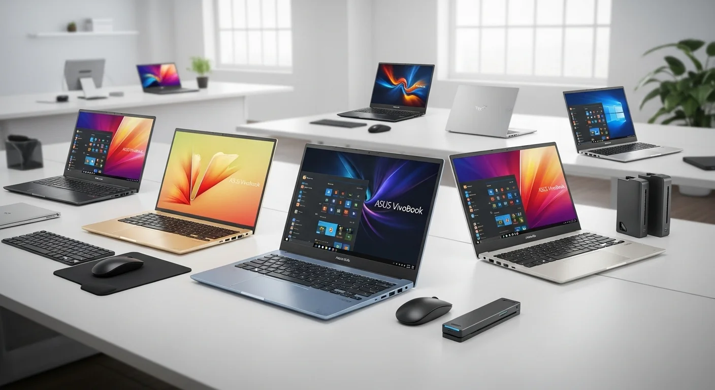 Una selección de computadoras portátiles ASUS Vivobook mostrando sus diseños modernos y pantallas vibrantes en un entorno de oficina tecnológica.