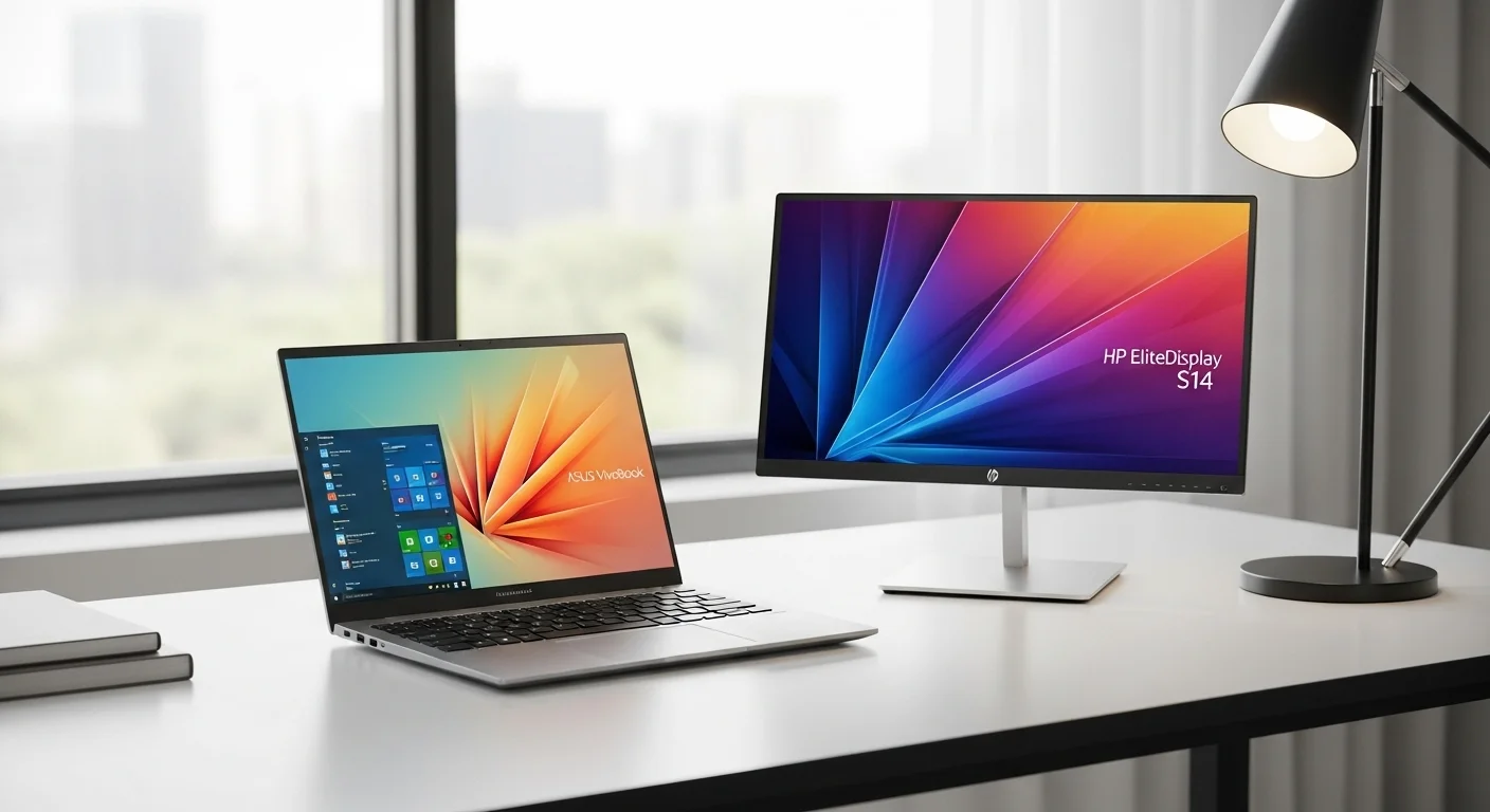 Una configuración de trabajo moderna con una computadora portátil Asus VivoBook S14 y un monitor portátil HP EliteDisplay S14 sobre un escritorio limpio.