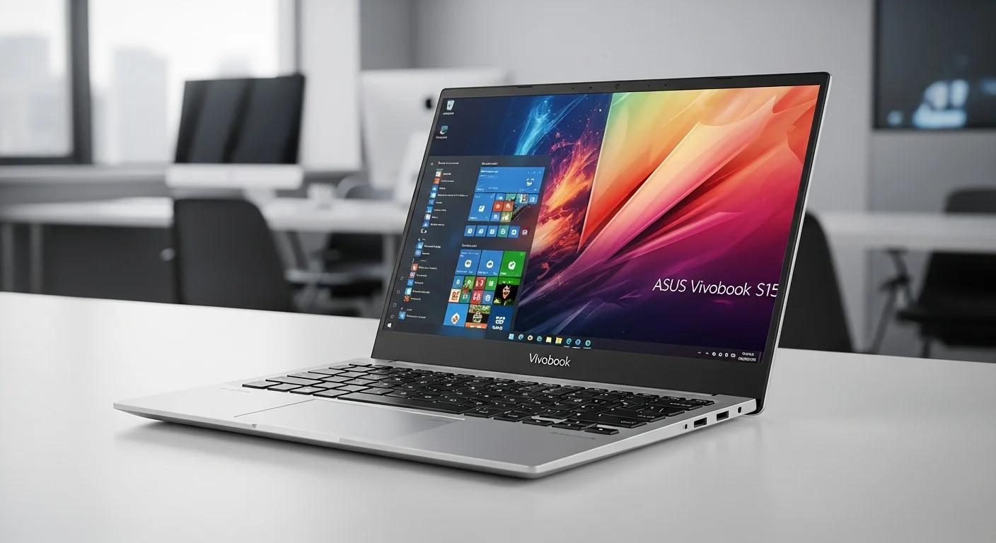 Una computadora portátil Asus Vivobook S15 abierta sobre una mesa, mostrando su pantalla colorida y teclado, simbolizando la tecnología moderna.