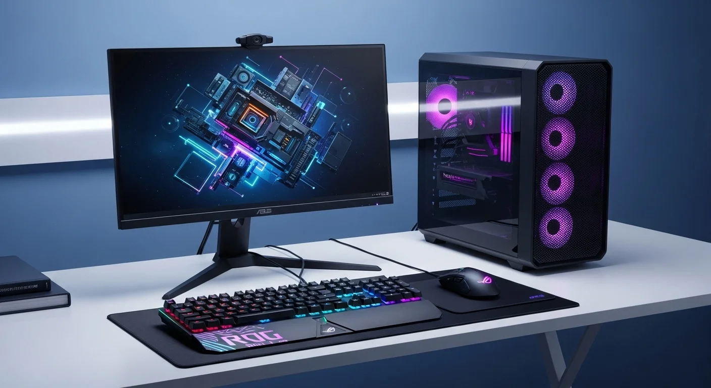 Configuración de computadora de alto rendimiento con teclado, monitor y ratón Asus Wireless ROG iluminados con RGB.