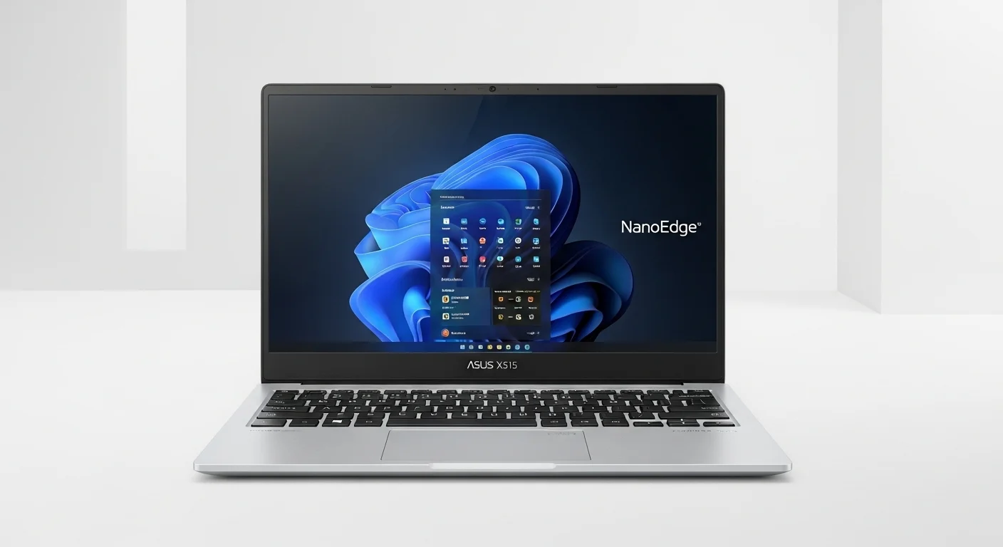 Una computadora portátil Asus X515 plateada abierta, mostrando su pantalla NanoEdge y teclado, sobre un fondo minimalista que resalta su diseño moderno.