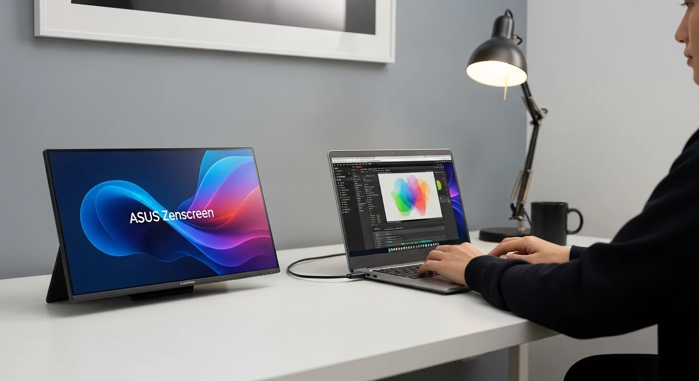 Configuración de oficina moderna con una laptop conectada a un monitor portátil Asus Zenscreen, mostrando la mejora en la productividad para computadoras.