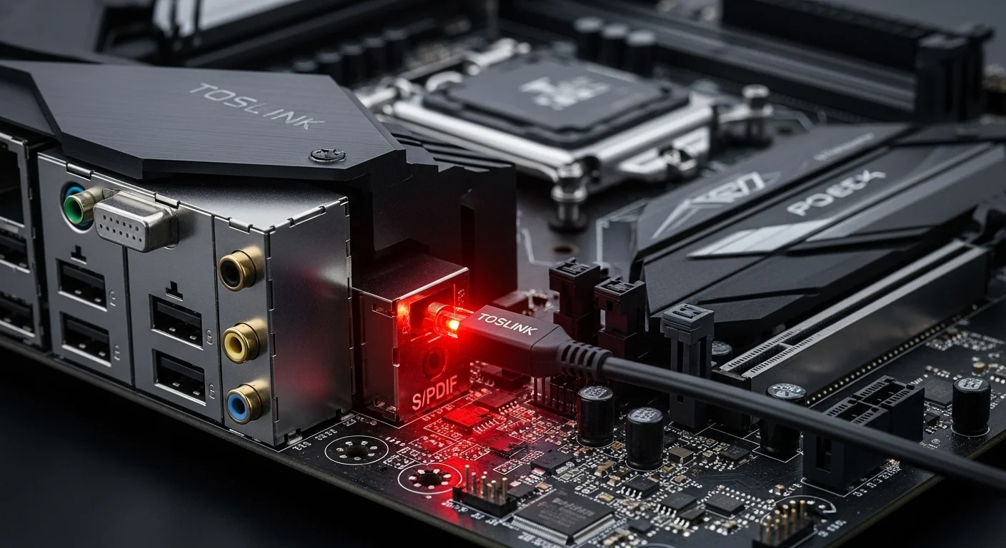 Cable de audio óptico TOSLINK con su característica luz roja, conectado al puerto S/PDIF de una placa base de computadora de alto rendimiento.