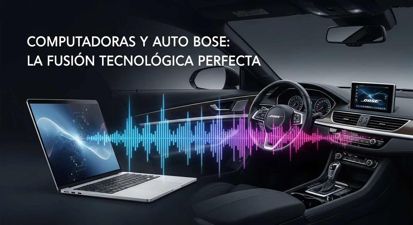 Visualización abstracta de ondas sonoras digitales emanando de una computadora hacia el interior de un coche moderno con sistema de audio Bose