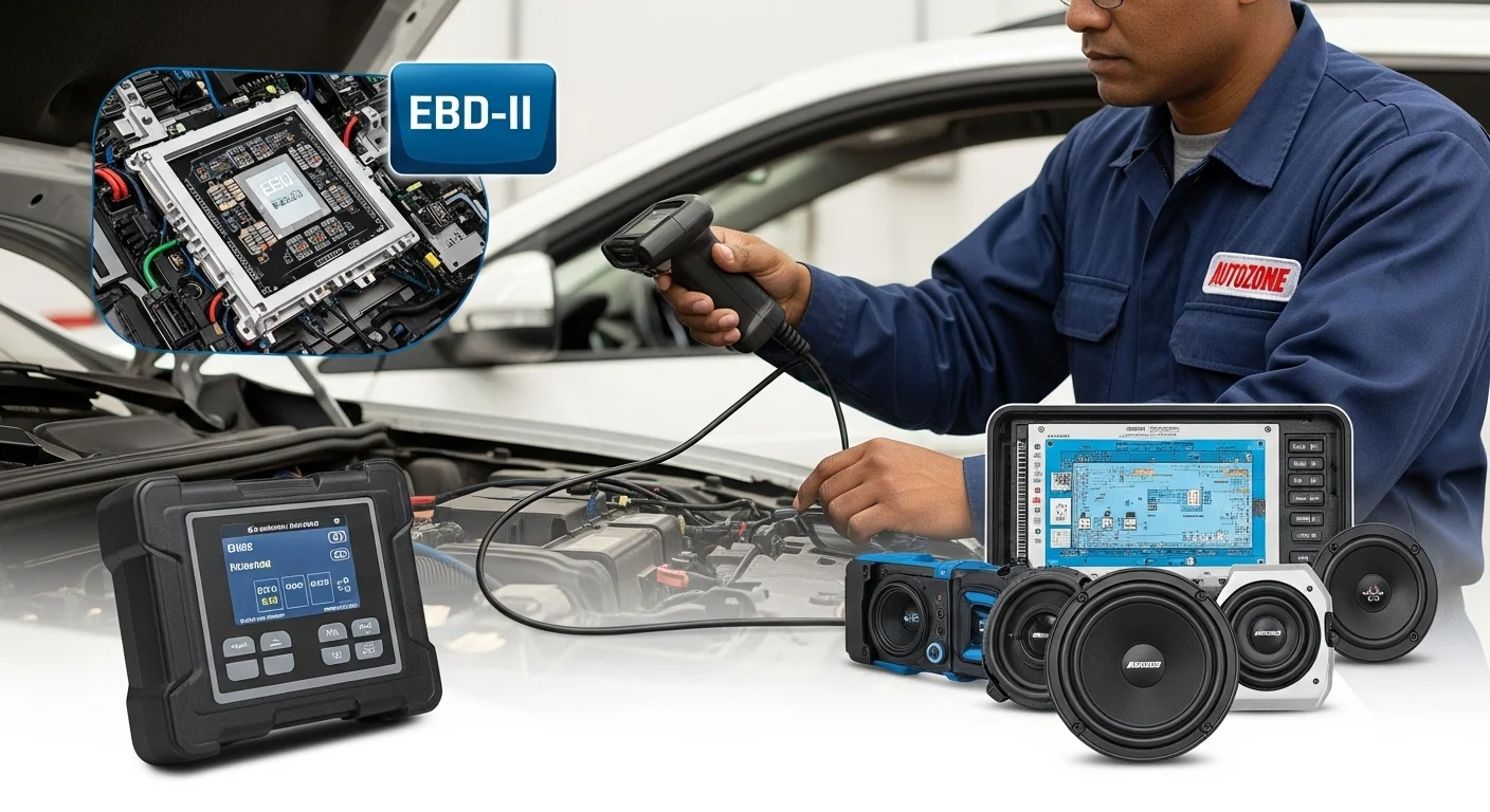 Un técnico usando un escáner OBD-II en un coche con el logo de Autozone, con imágenes superpuestas de una computadora ECU y bocinas de audio.