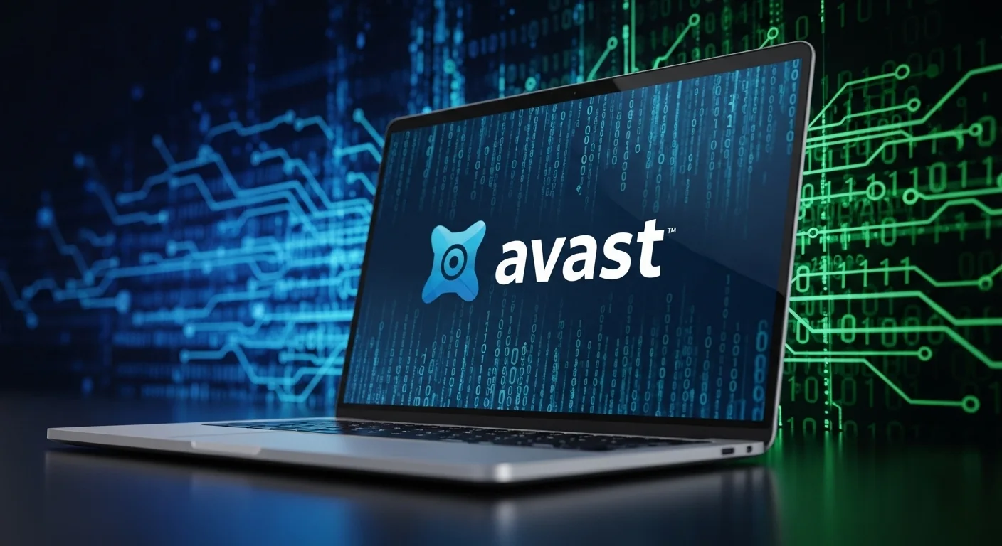 Una imagen estilizada mostrando el logo de Avast en una pantalla de computadora portátil, con un fondo digital que simboliza la protección contra amenazas cibernéticas.