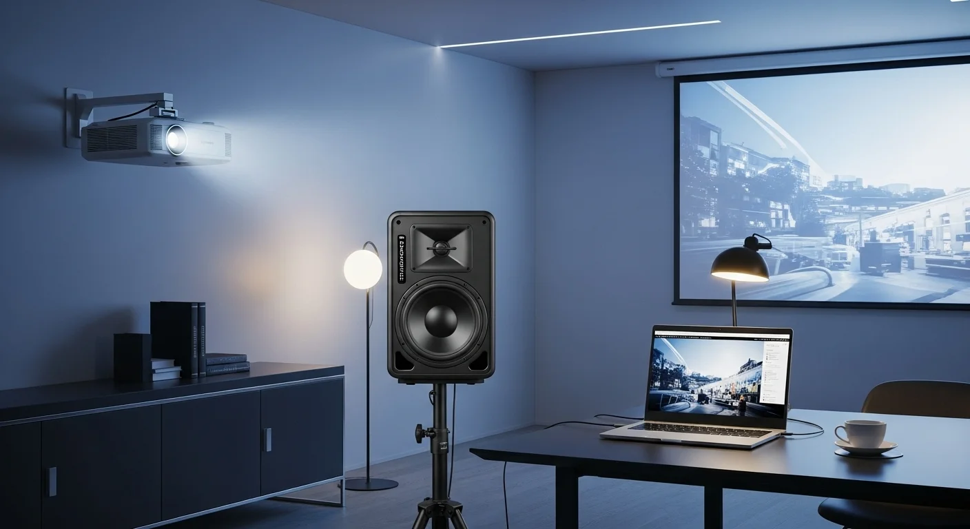 Un bafle de 15 pulgadas en un entorno de oficina moderno, conectado a una laptop y un proyector, mostrando la sinergia de la tecnología de audio y computadoras.