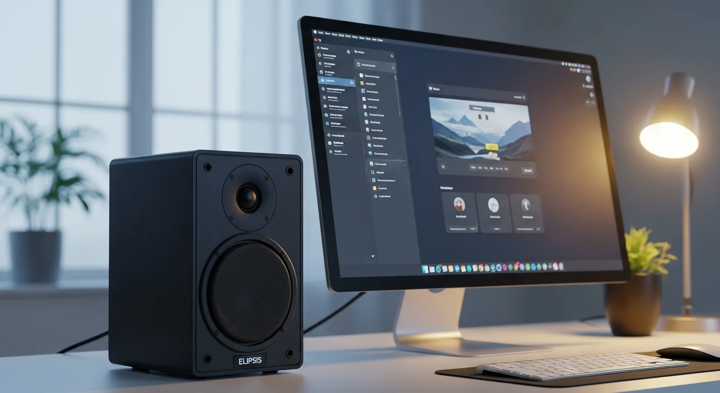 Bafle Elipsis amplificado junto a un monitor de computadora, mostrando una configuración limpia y potente para audio de alta fidelidad