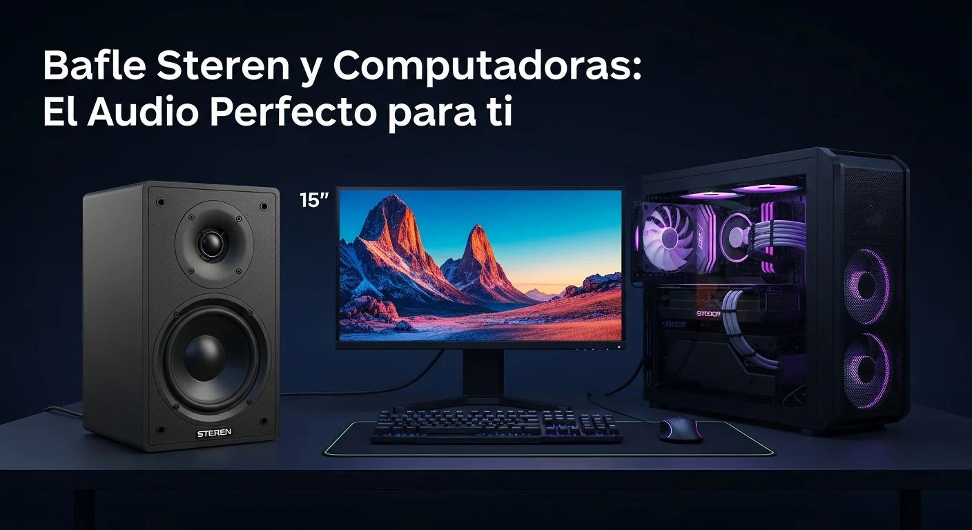 Un Bafle Steren de 15 pulgadas junto a un setup de computadoras de última generación, mostrando la integración de audio y tecnología.