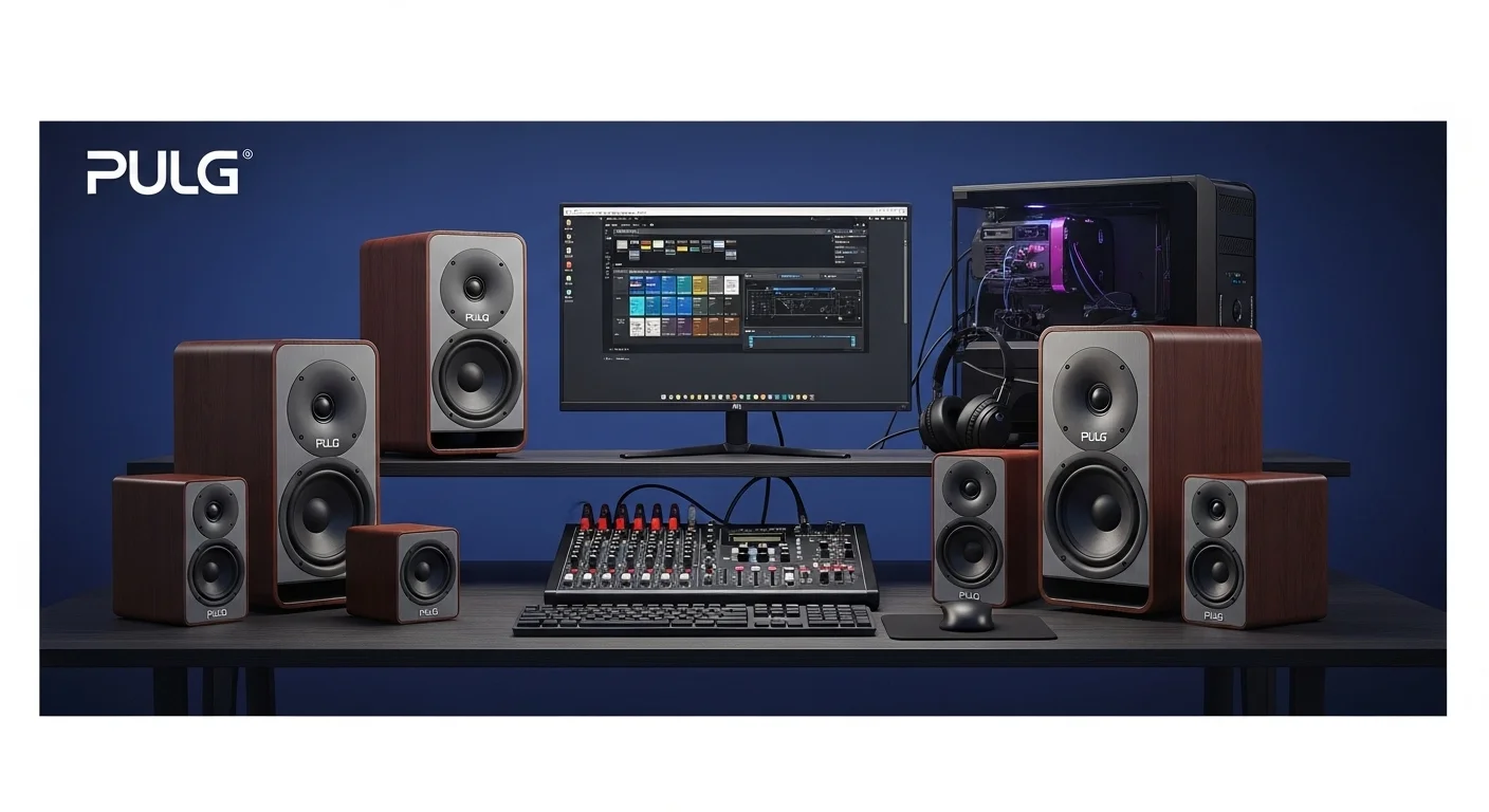 Setup de audio profesional con varios Bafles Pulg conectados a un sistema de computadoras y mezcladora para un evento.