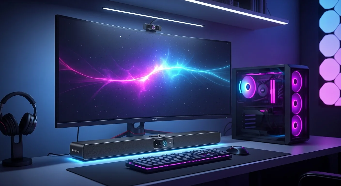 Moderna bocina barra de sonido instalada bajo un monitor curvo en un setup de computadoras para gaming con iluminación ambiental.
