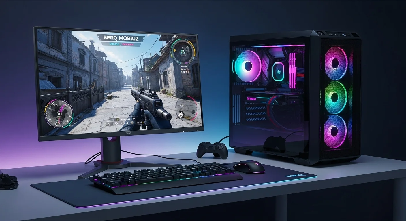 Monitor Benq Mobiuz EX3210U en un escritorio gaming iluminado con luces RGB, mostrando un juego de alta fidelidad en una computadora potente.