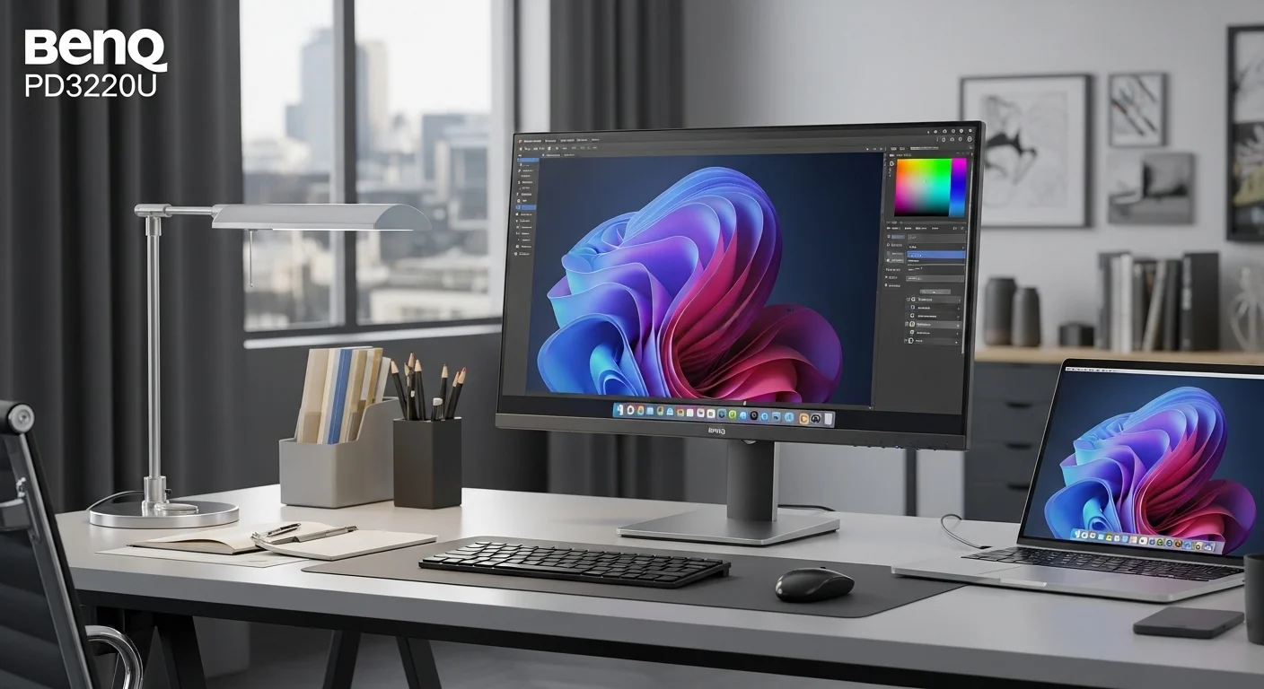 Monitor Benq PD3220U en un escritorio de diseñador profesional junto a una computadora portátil, mostrando una interfaz de diseño gráfico.