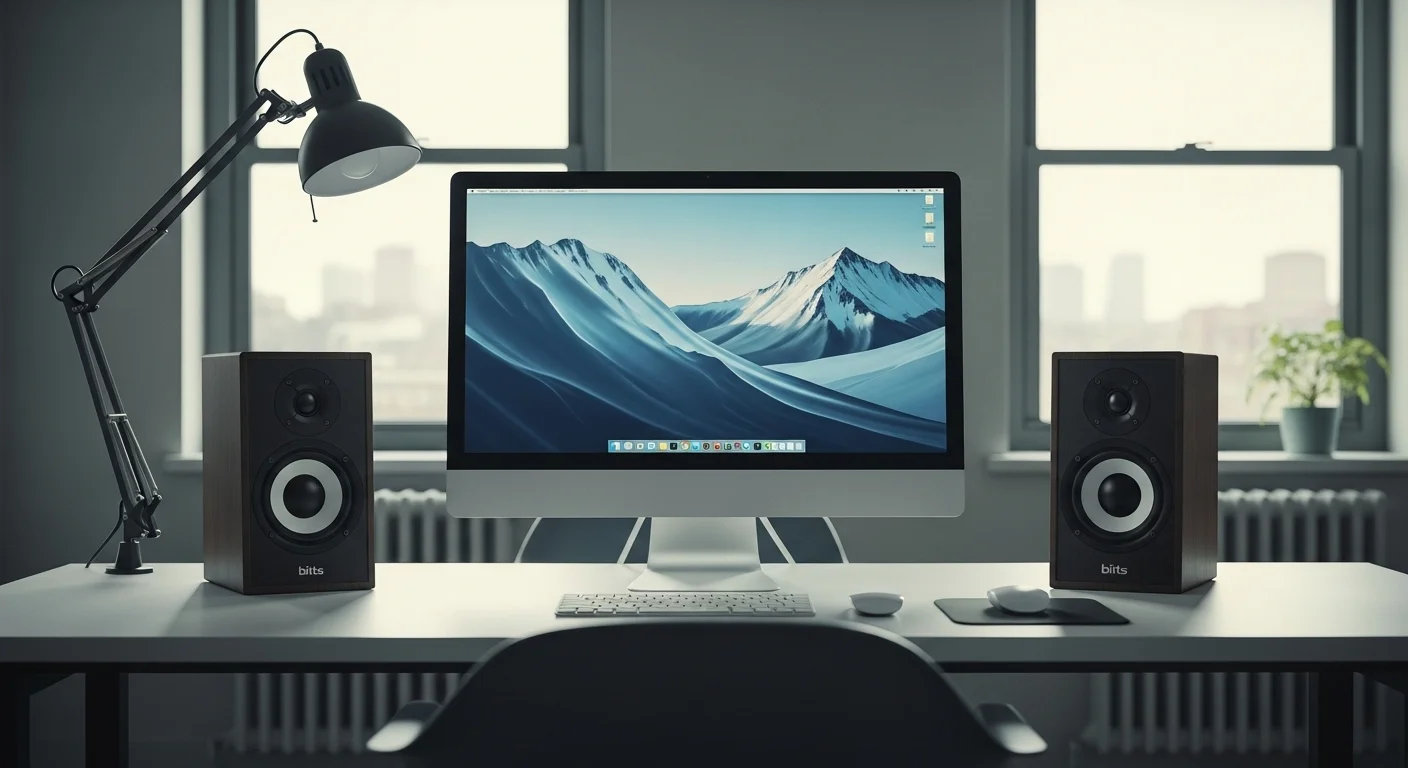 Setup de computadora moderno con dos bocinas Bits Bocina Pulg de 8 pulgadas a los lados de un monitor, mostrando un ambiente de trabalho y entretenimiento con excelente calidad de audio.