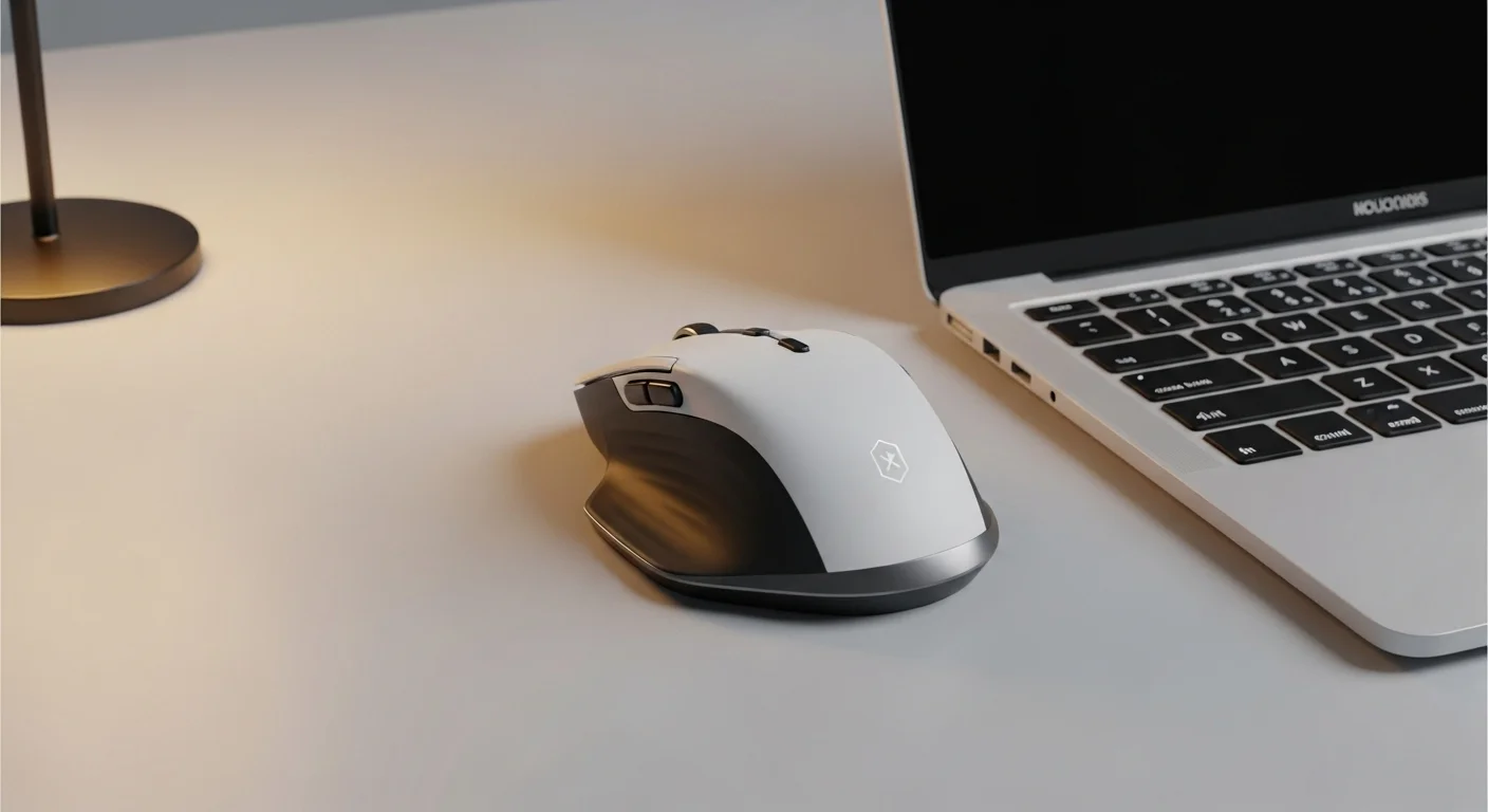 Una imagen principal mostrando un moderno Bluetooth Mouse ergonómico junto a una laptop en un escritorio limpio, simbolizando la productividad con computadoras.