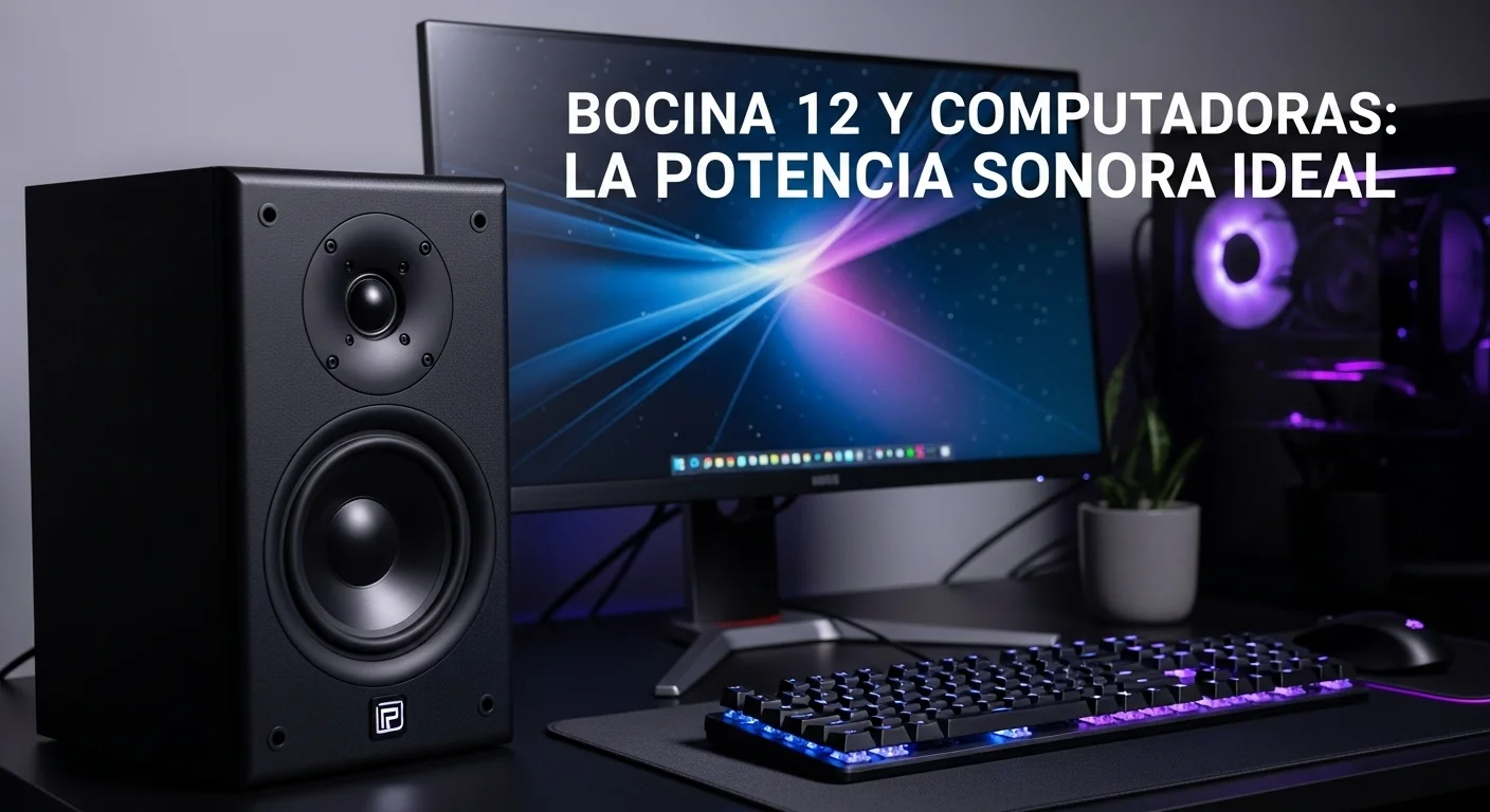 Una bocina 12 pulgadas negra junto a un moderno setup de computadoras con monitor y teclado iluminado, demostrando la sinergia entre audio y tecnología.