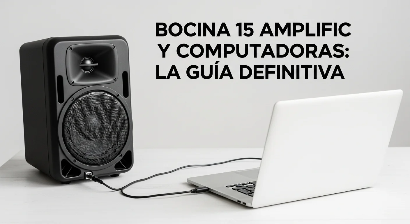 Una bocina 15 amplific negra conectada a una laptop sobre un escritorio de madera, ilustrando la sinergia entre computadoras y audio de alta potencia.