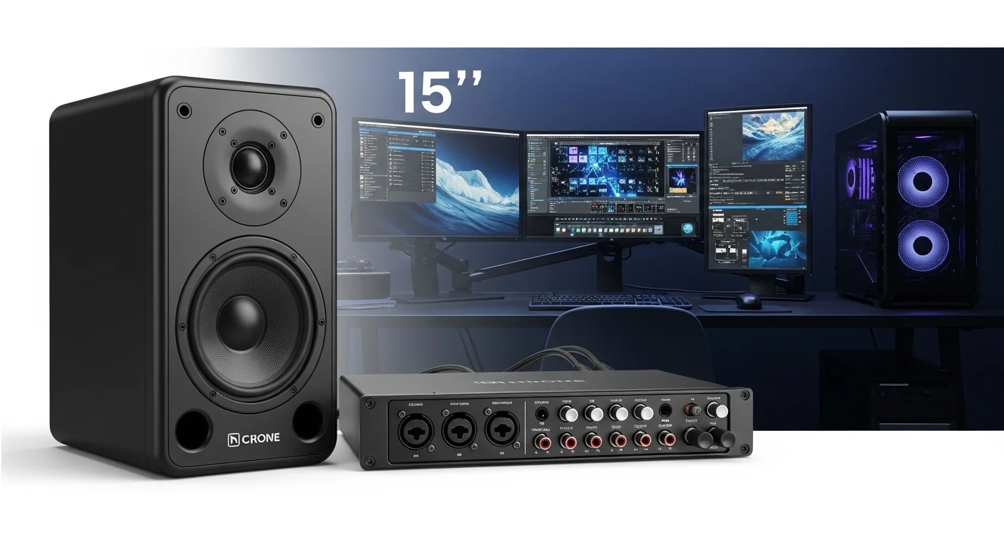 Una bocina 15 profesional junto a una estación de trabajo con computadoras y una interfaz de audio, representando la integración de tecnología y sonido.