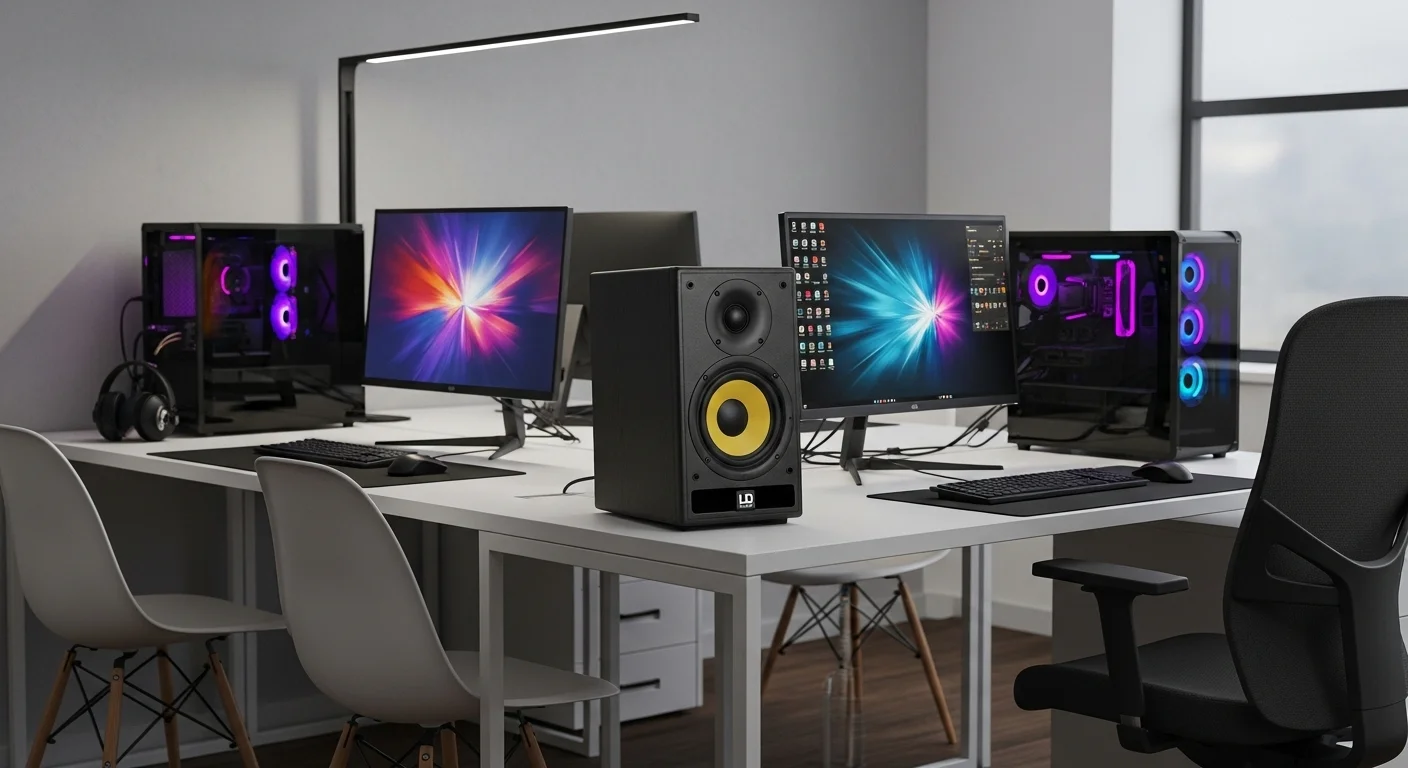 Setup de oficina moderno con computadoras y una bocina 15 pulg LD System, mostrando la integración de audio profesional.
