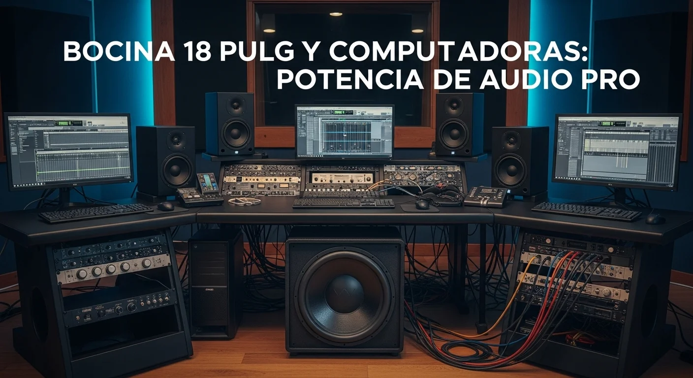 Una bocina de 18 pulgadas en un estudio de producción conectado a computadoras y equipo de audio profesional.