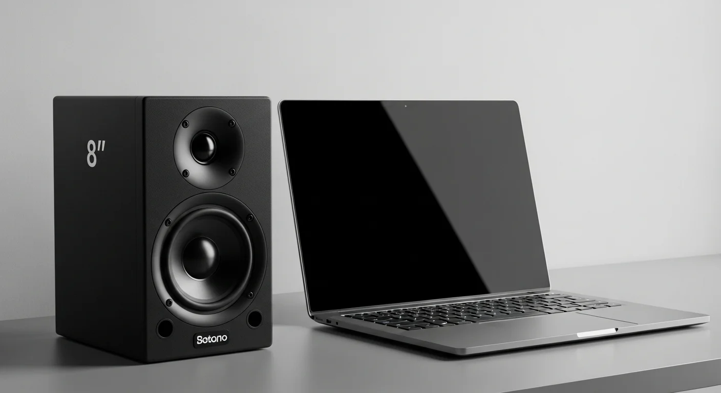 Una bocina de 8 pulgadas de color negro junto a una laptop moderna en un escritorio de oficina, mostrando la perfecta sinergia entre computadoras y tecnología de audio.