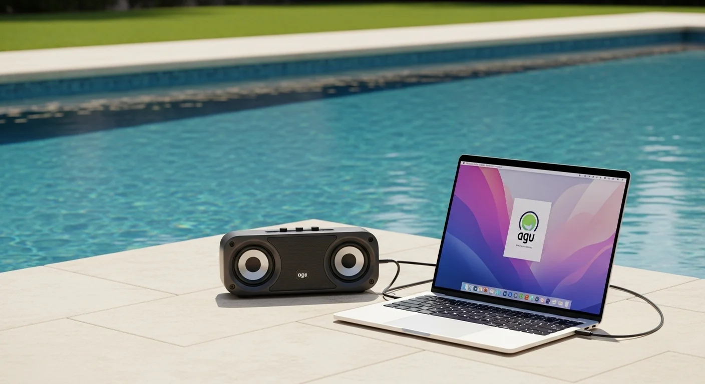 Una bocina agu resistente al agua conectada a una laptop junto a una piscina, ejemplificando el uso de tecnología y computadoras en exteriores.