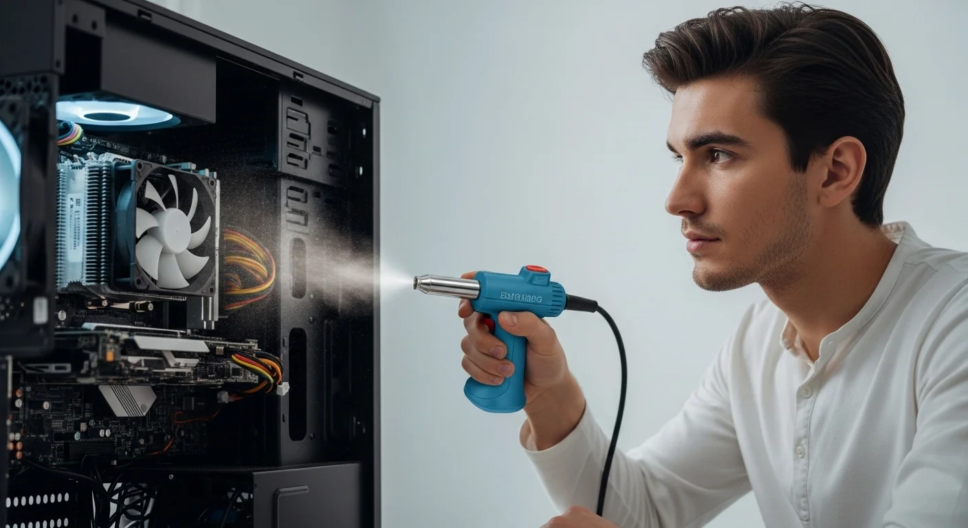 Una persona utilizando una bocina de aire comprimido para limpiar el polvo del interior de una computadora de escritorio abierta, con foco en el ventilador de la CPU.