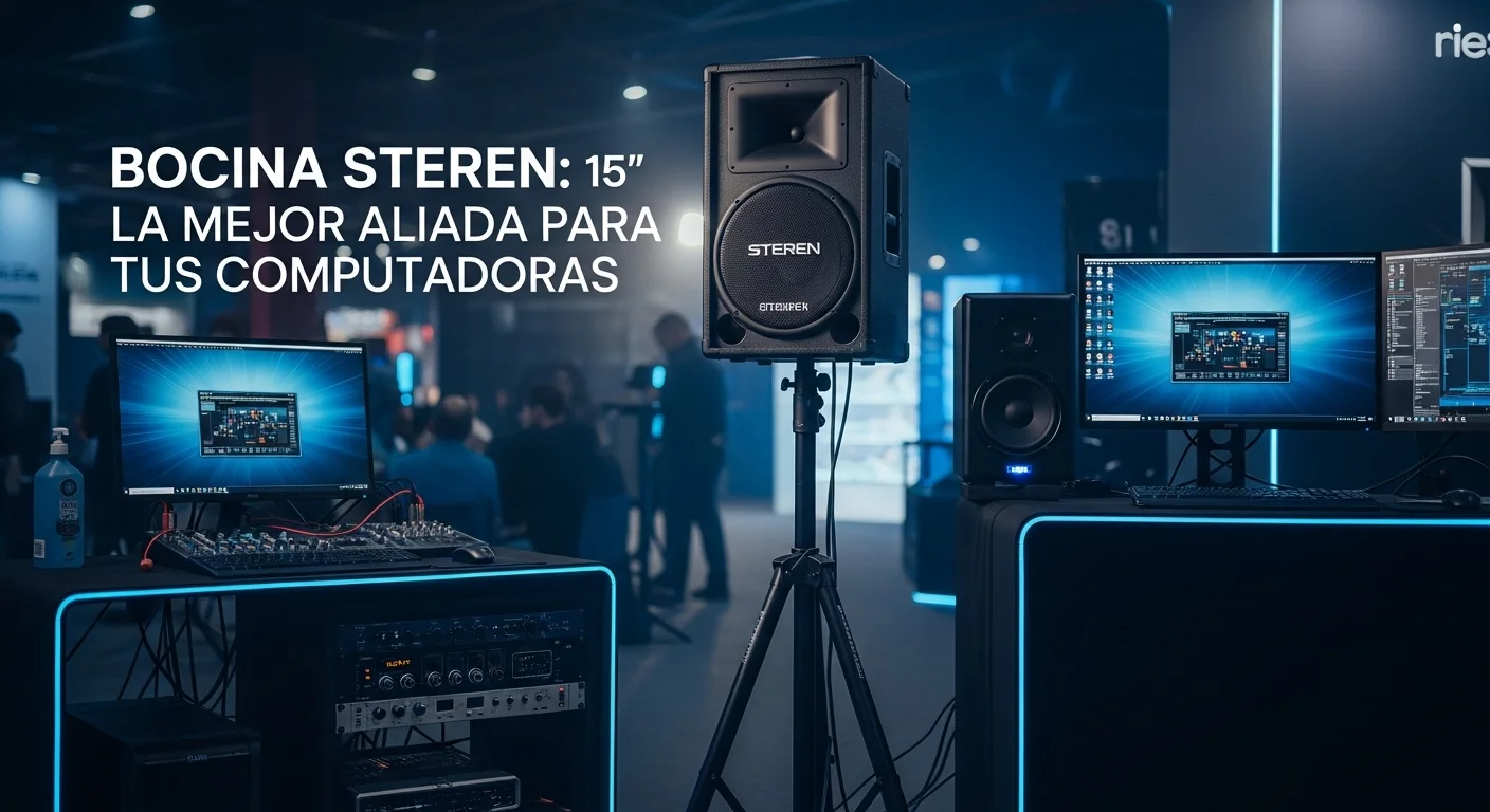 Una potente bocina amplificada Steren de 15 pulgadas sobre un tripié durante un evento, demostrando su uso profesional conectado a equipos de cómputo y audio.